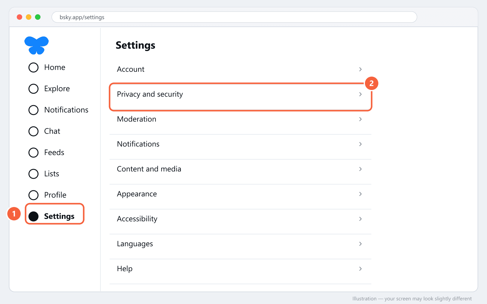 Bluesky settings with the Settings menu item and Privacy and security highlighted