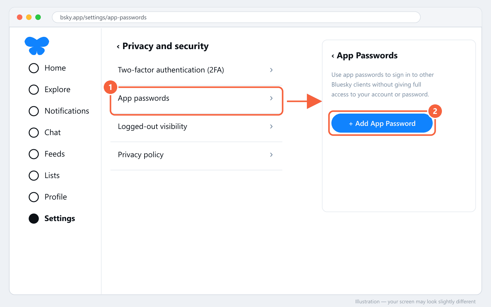 Bluesky Privacy and security list with App passwords highlighted, and the Add App Password button