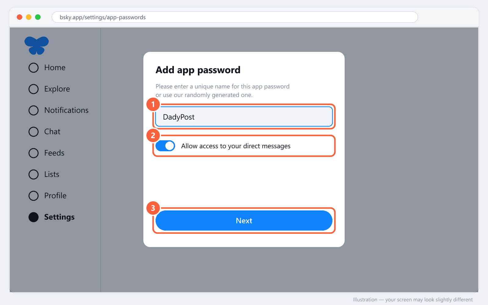 Add app password dialog with the name DadyPost, the direct-messages toggle turned on and the Next button highlighted
