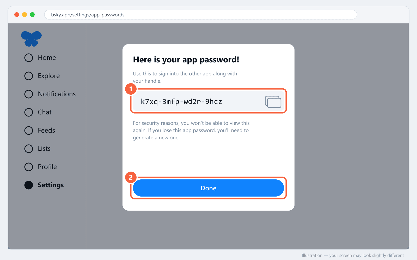 Bluesky dialog showing the new app password with its copy button, and the Done button highlighted