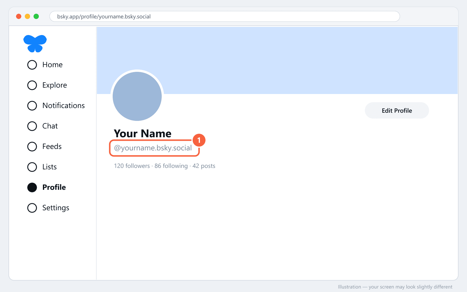Bluesky profile with the handle under the display name highlighted